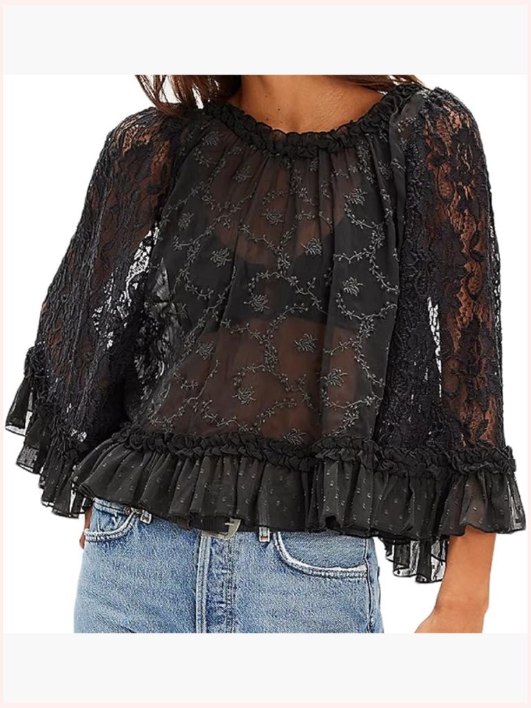 Boho Flowy Lace Blouse Long Sleeve Sheer Ruffle Top